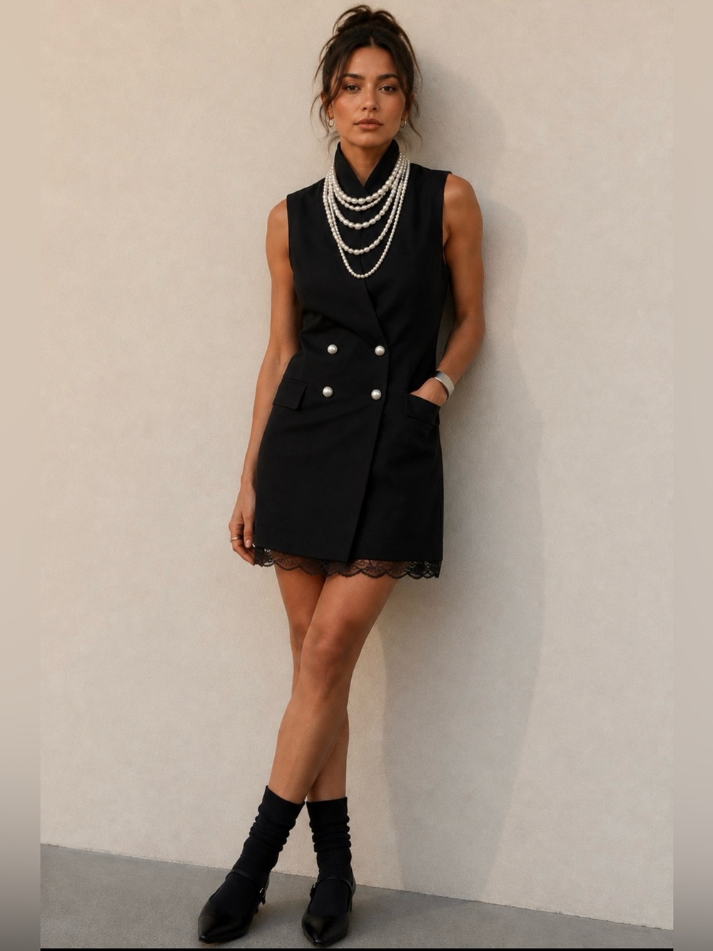 Zara Black Sleeveless Blazer Romper with Pearl Buttons